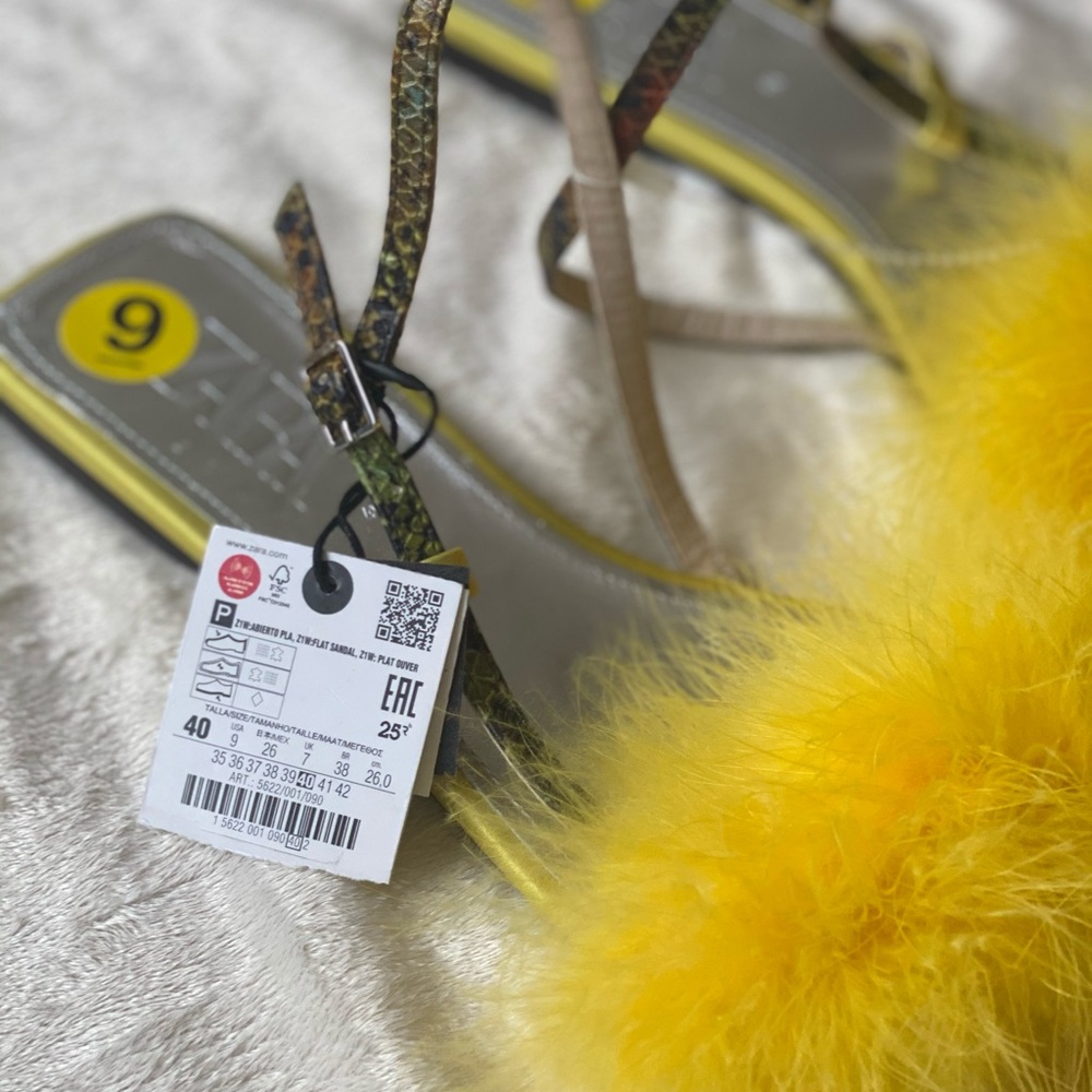 Zara Blue Collection Yellow Feather Sandals Size 9 - Picture 3 of 12